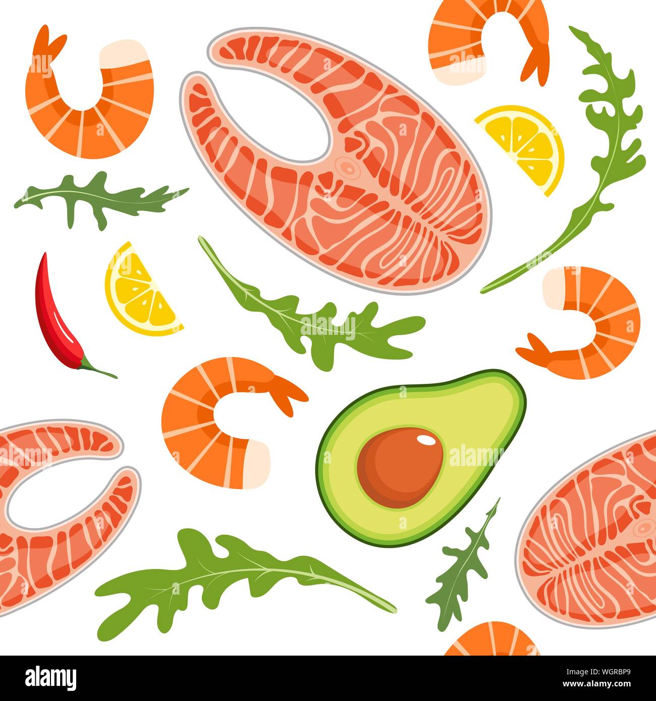 Motif transparent sur fond blanc avec les crevettes, le saumon, d'avocat, roquette et rondelle de citron. Les fruits de mer et d'arrière-plan. Vector illustration. Illustration de Vecteur