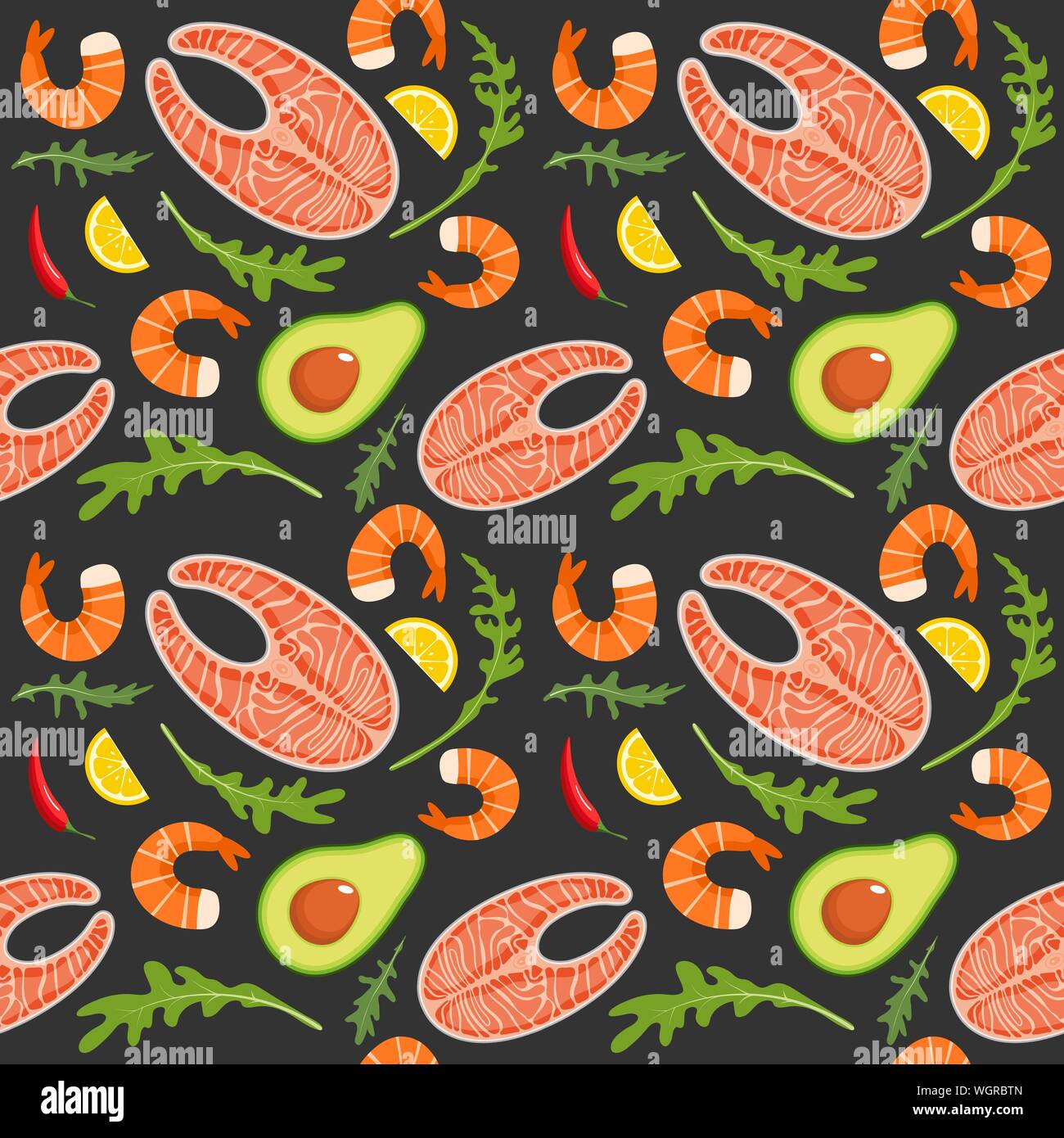 Motif transparent sur fond sombre avec les crevettes, le saumon, d'avocat, roquette et rondelle de citron. Les fruits de mer et d'arrière-plan. Vector illustration. Illustration de Vecteur