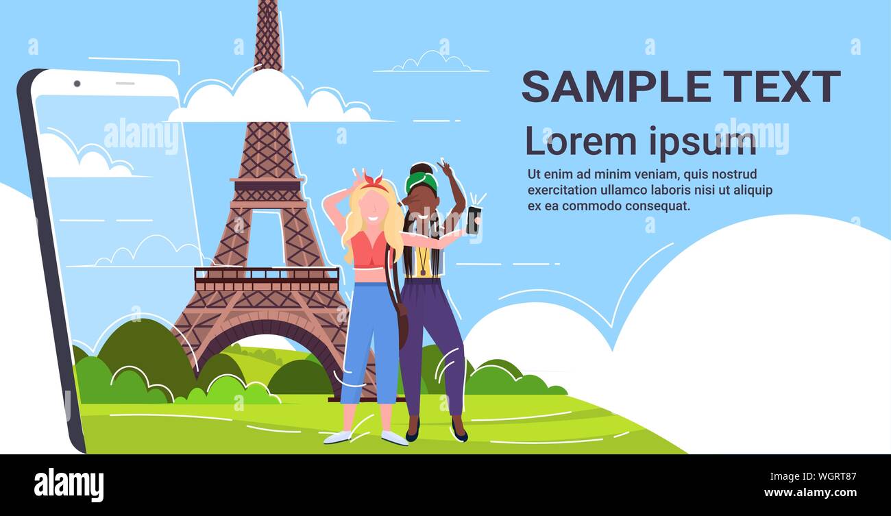 Les femmes prenant des photos sur l'appareil photo du téléphone cellulaire selfies race mix girls standing ensemble travel concept paris abstract silhouette ville smartphone d'arrière-plan Illustration de Vecteur