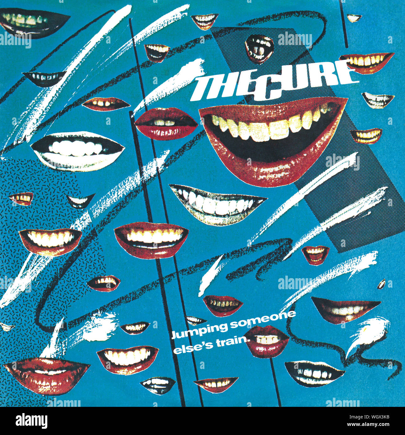 UK 45 tr/min 7' photo unique manche de jumping someone else's train par la Cure sur la fiction label de 1979. Écrit par Robert Smith, Lol Tolhurst et Mick Dempsey. Produit par Chris Parry. Banque D'Images