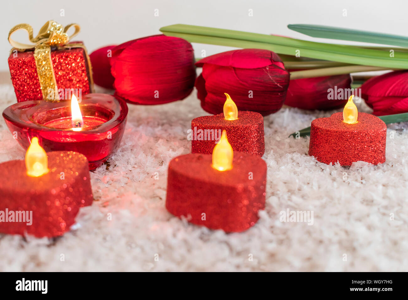 Fleur de tulipe en forme de coeur et une bougie sur la neige comme arrière-plan. Concept de la Saint Valentin. Banque D'Images