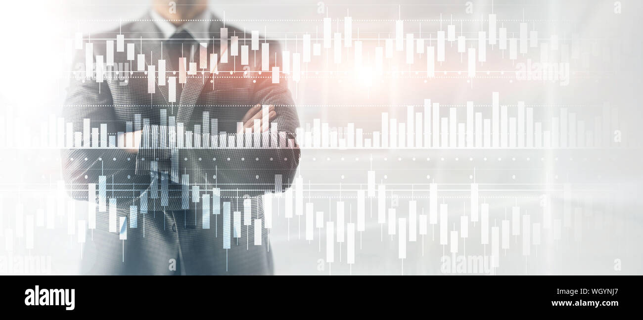 Diagramme de bougies stock trading graphique de l'entreprise Financement de l'investissement mixte concept double exposition écran virtuel Banque D'Images