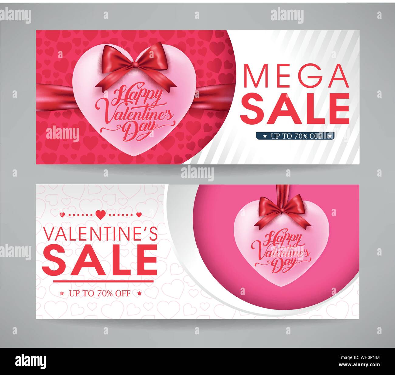 Valentines Day Mega Bannières Vente Set avec des coeurs et des rubans pour des fins promotionnelles. Vector Illustration. Illustration de Vecteur