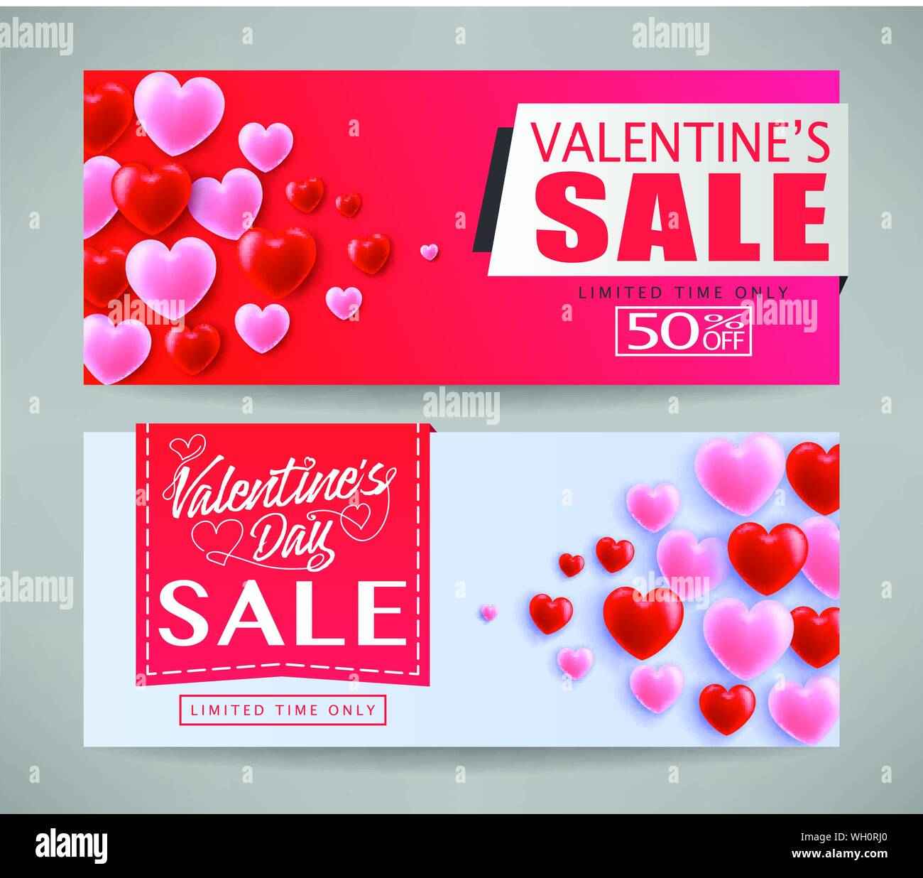 Belle Valentines Day Vente des bannières avec Cœurs en arrière-plan gris à des fins promotionnelles. Vector Illustration Set. Illustration de Vecteur