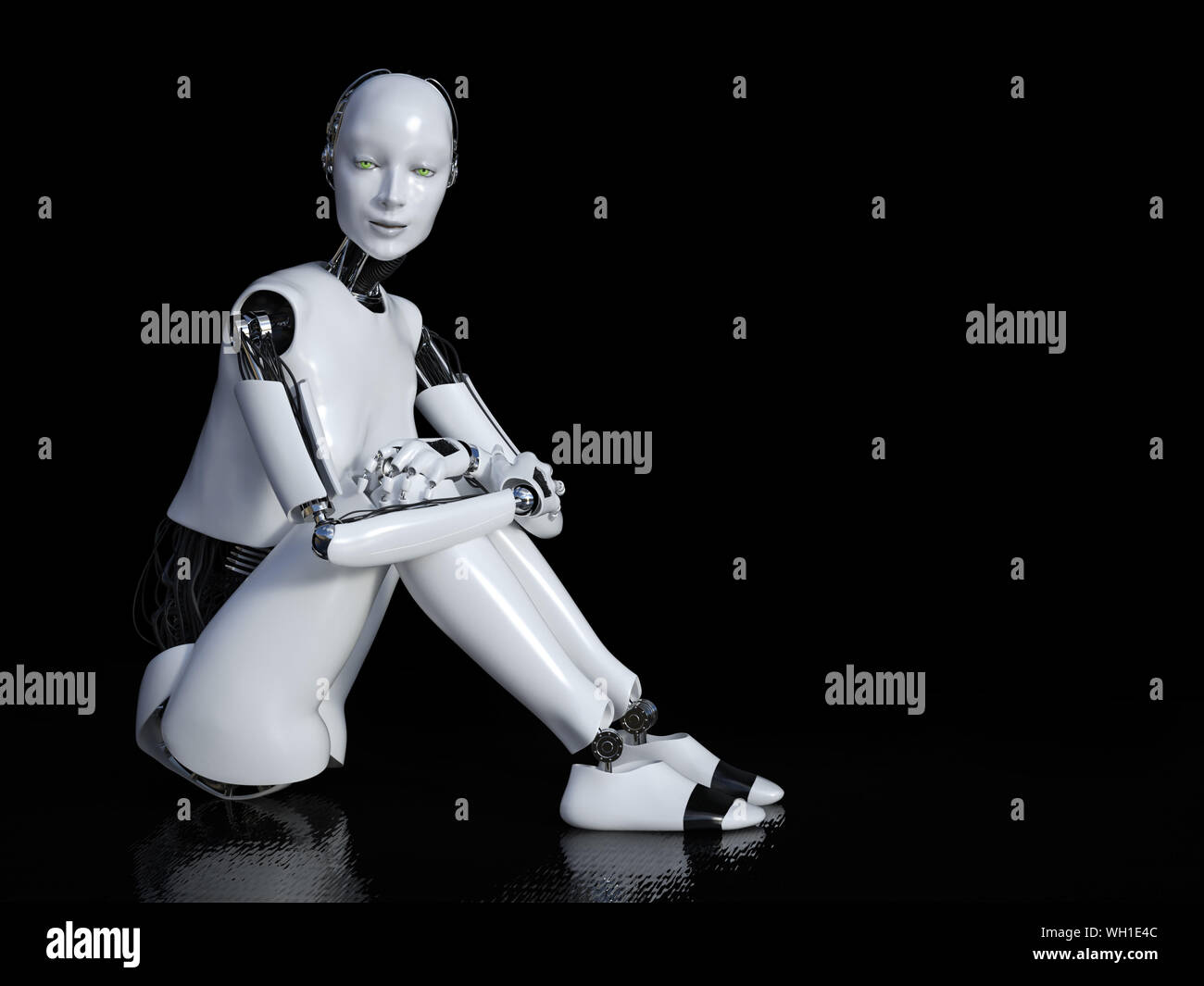 Le rendu 3D d'un robot femelle assis sur le plancher et souriant. Fond noir avec copyspace. Banque D'Images