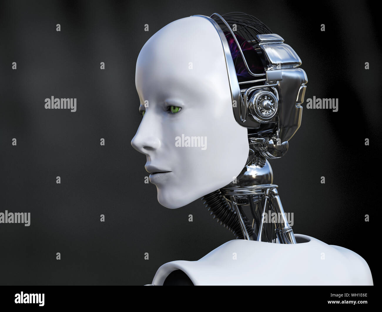 Le rendu 3D tête portrait d'une femme robot à la triste ou grave. Fond sombre. Banque D'Images