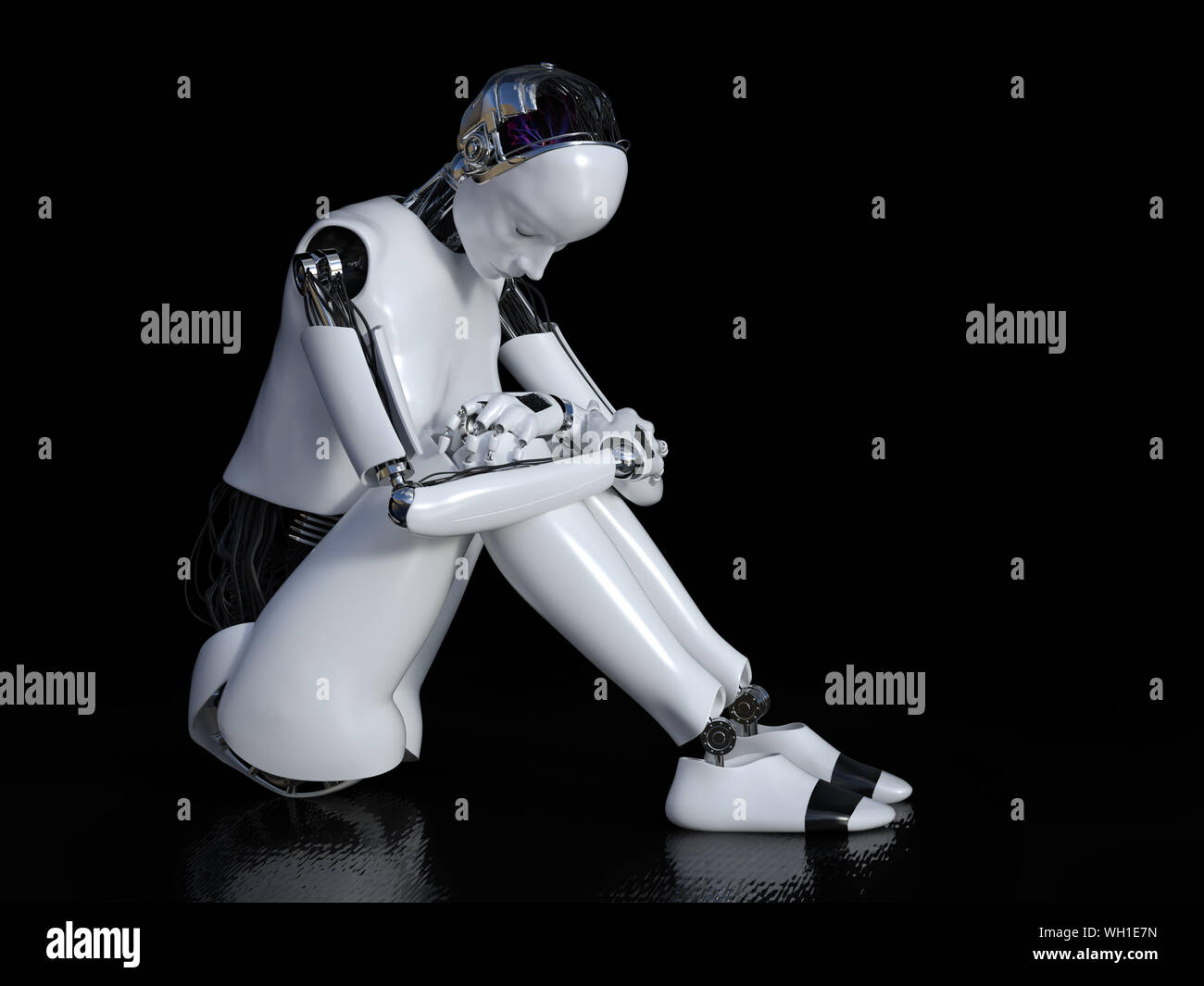 Le rendu 3D d'un robot féminin assis dans la solitude sur le plancher et à la triste ou déprimé. Fond noir. Banque D'Images