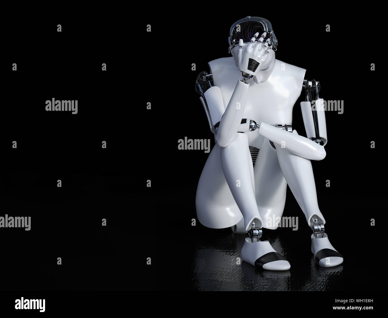 Le rendu 3D d'un robot féminin assis dans la solitude sur le plancher et à la triste ou déprimé. Fond noir avec copyspace. Banque D'Images