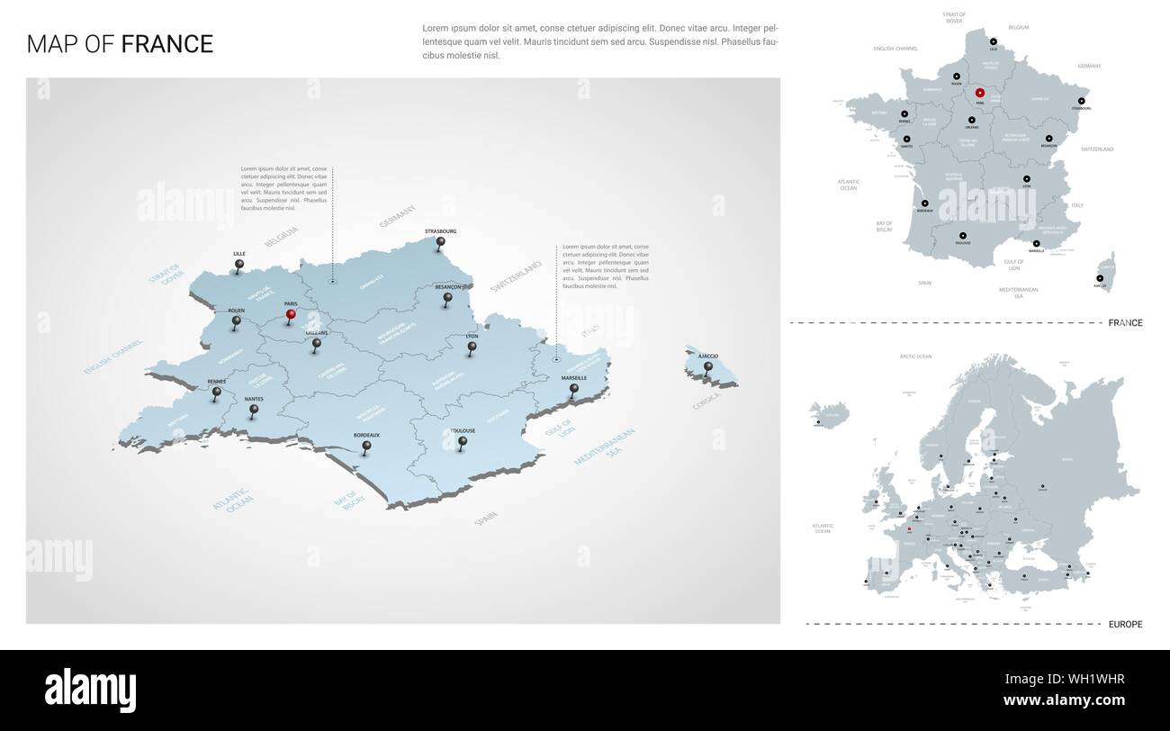 Vector set de France Pays. Carte en 3D isométrique, carte de France, carte Europe - avec la région, l'Etat et les noms les noms de ville. Illustration de Vecteur