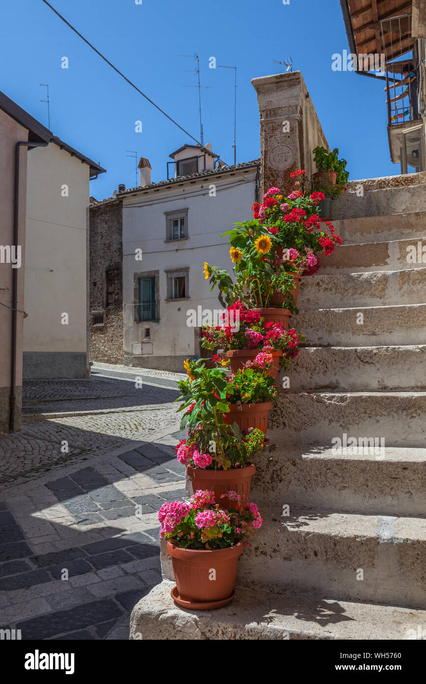 Les pots de fleurs sur l'escalier de Pescocostanzo, merveilleux village de montagne dans les Apennins Abruzzes Banque D'Images