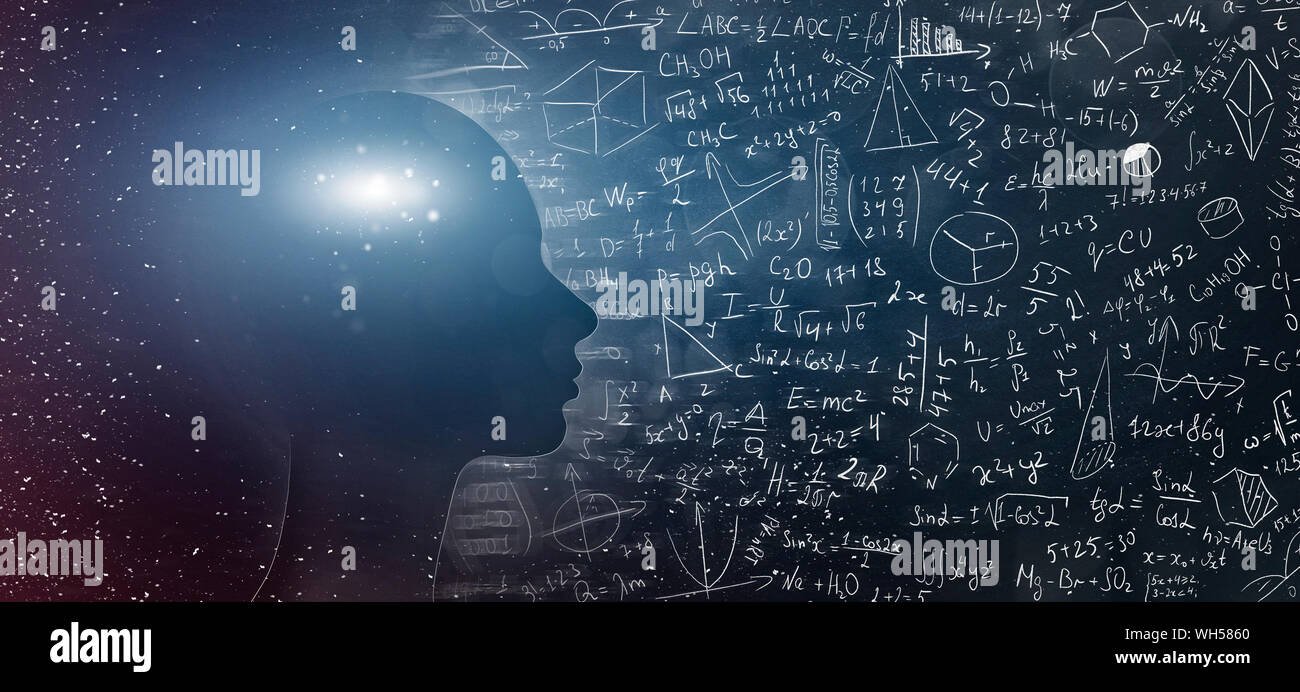 Silhouette de l'humain et l'univers et de formules mathématiques, physique Banque D'Images