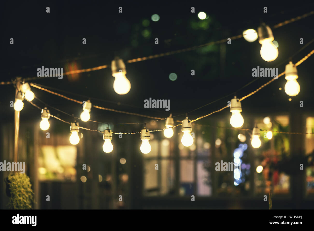 Outdoor party string lights glowing at night Banque D'Images