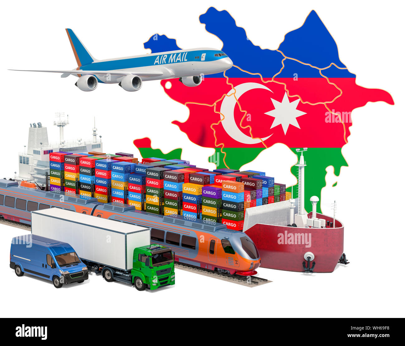 L'expédition de fret et le transport des marchandises en Azerbaïdjan par bateau, avion, train, camion et van. Le rendu 3D isolé sur fond blanc Banque D'Images