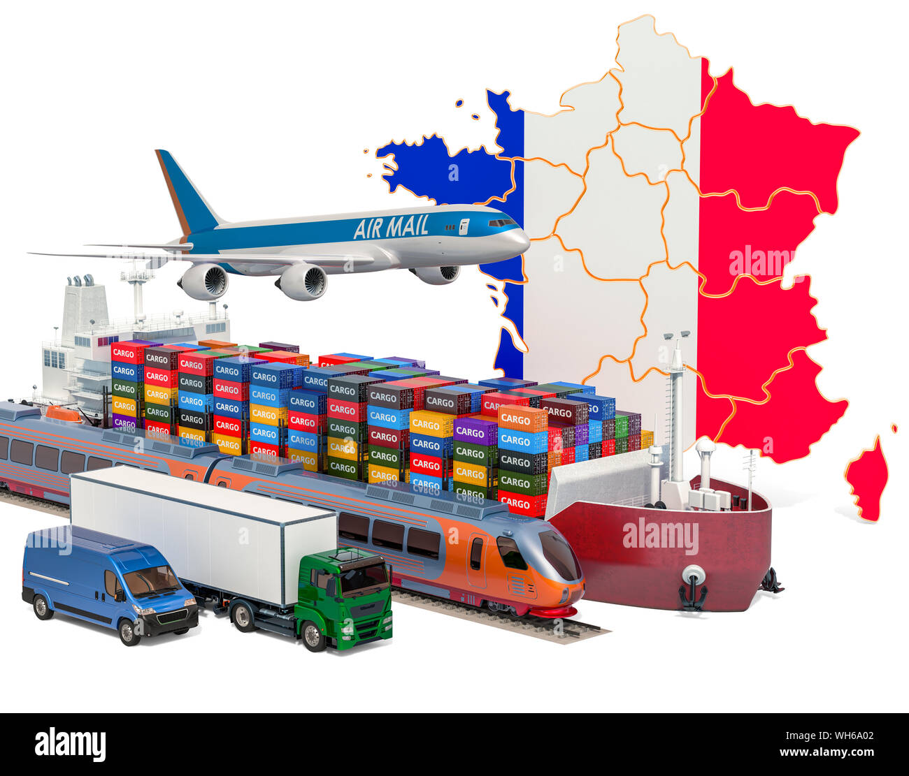 L'expédition de fret et le transport des marchandises en France par bateau, avion, train, camion et van. Le rendu 3D isolé sur fond blanc Banque D'Images
