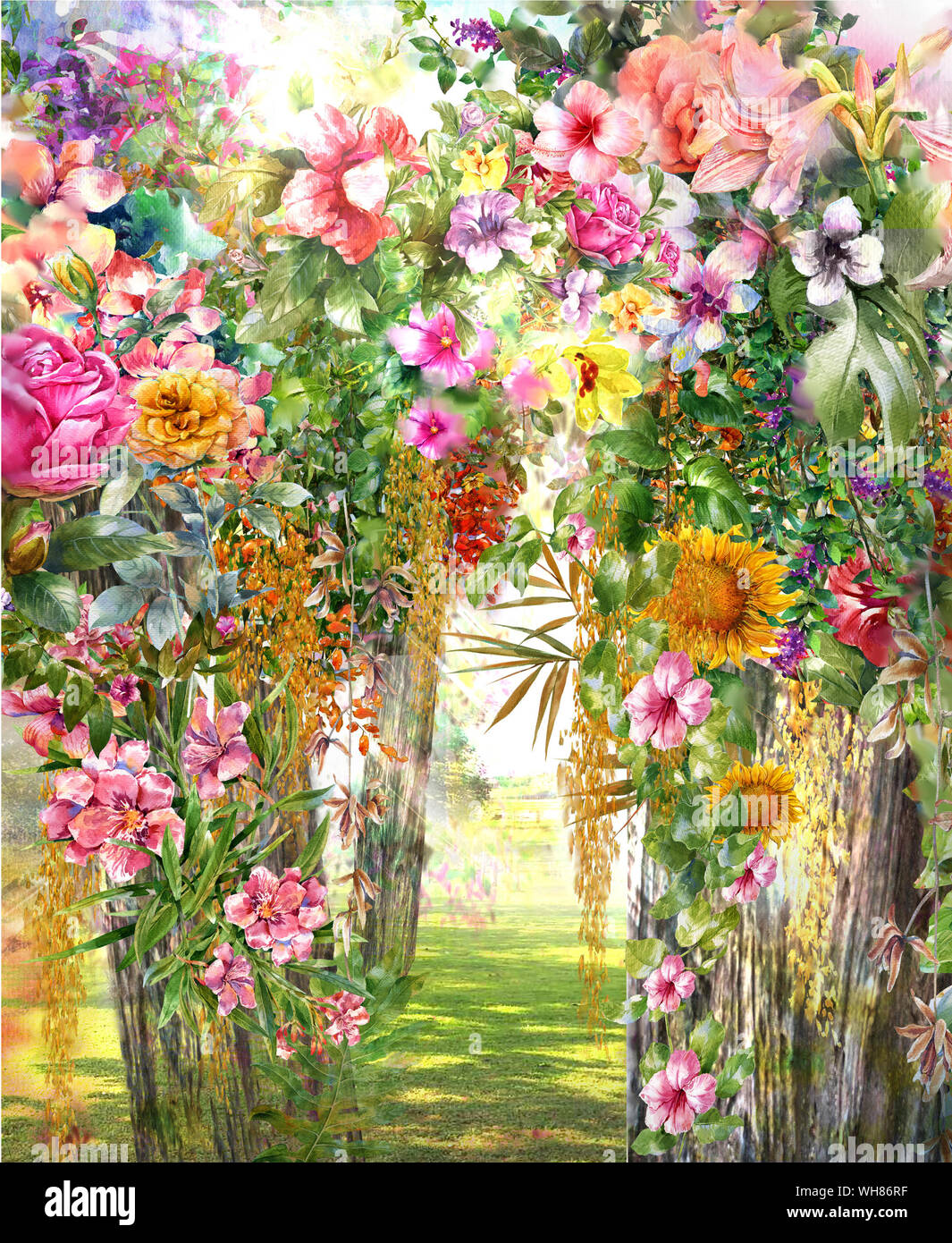 Résumé des fleurs colorées de l'aquarelle. Printemps dans la nature multicolore Banque D'Images