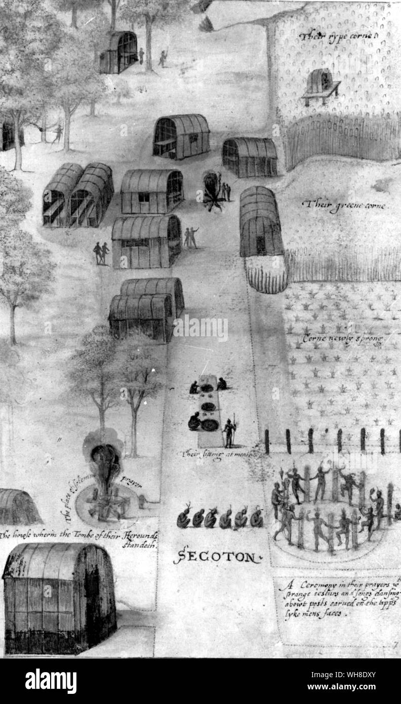La vie en Amérique, 1590. À l'origine par Théodore de Bry (1528-1598). La photo montre en Secoton 1585, un village algonquien au sud de la colonie de Roanoke. La grande structure dans le premier plan à gauche est un tombeau et mortuaires, typique des sociétés rurales dans le monde entier. Banque D'Images