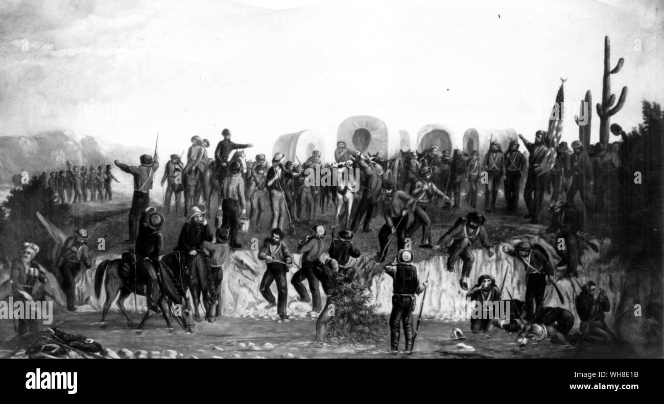 Le Bataillon se reposant à un flux d'une peinture de George M Ottinger, artiste américain (1833-1917).. . Banque D'Images
