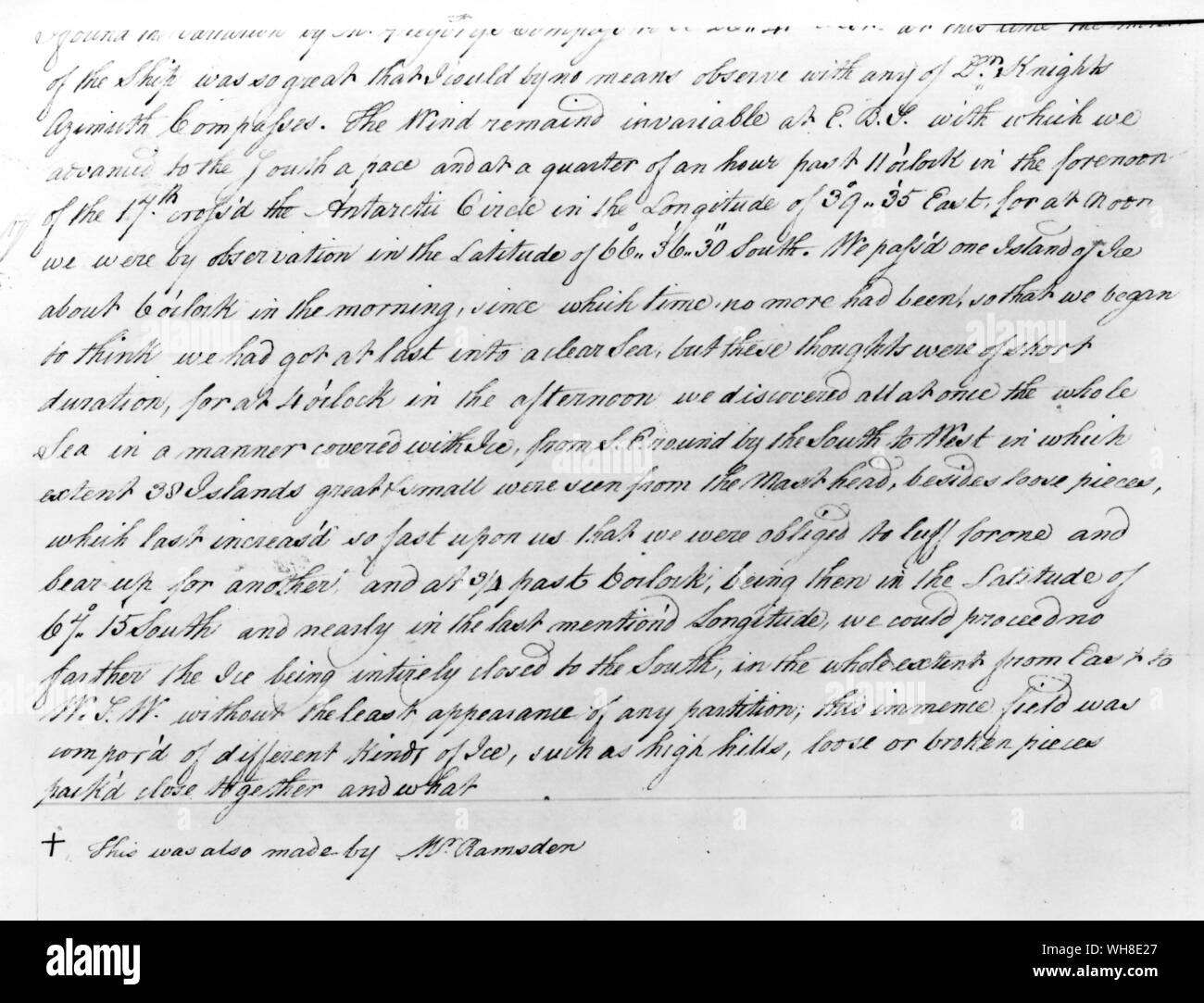 Détail du journal pour 17 janvier 1773 dans la propre main. Le capitaine James Cook (1728-1779), était un explorateur britannique, navigateur et cartographe. Ses réalisations les plus notables ont été la découverte et la revendication de la côte est de l'Australie, la découverte européenne des îles hawaïennes, et la première circumnavigation et cartographie de Terre-Neuve et de la Nouvelle-Zélande. Antarctique : le dernier continent par Ian Cameron page 47. Banque D'Images