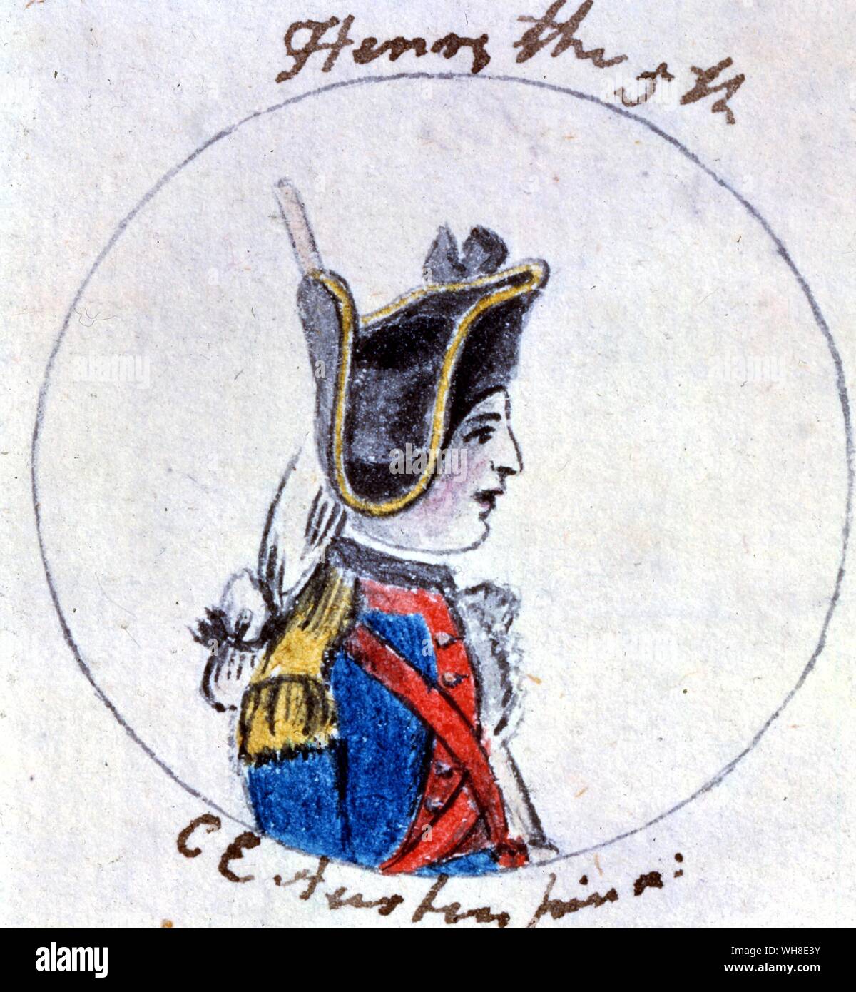 Henry V, (1387-1422), roi d'Angleterre (1413-1422), fils d'Henry IV par Marie de Bohun. Croquis à l'aquarelle par Cassandra Austen : Un des six esquisses pour Jane Austen's history of England, 1790. Cassandra Austen, était la sœur aînée de Jane Austen (1775-1817), à qui elle était très proche.. . Banque D'Images