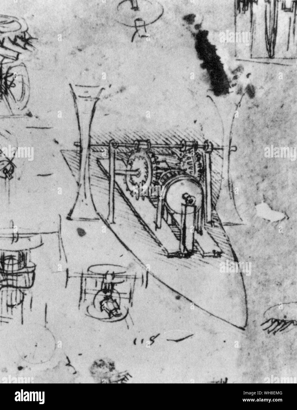 Leonardo's complete système d'engrenages qui font tourner les palettes au moyen de pédales. Leonardo da Vinci (1452-1519) était un architecte italien de la Renaissance, musicien, anatomiste, inventeur, ingénieur, géomètre, sculpteur et artiste. . . Banque D'Images