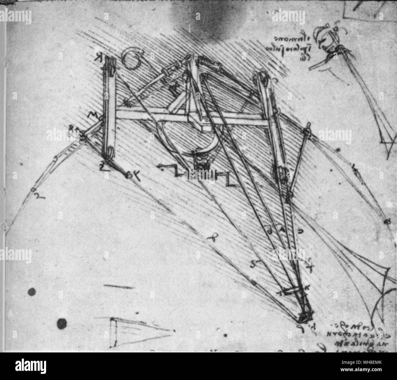 Un gouvernail comme la queue est un ajout intéressant à une autre conception de l'ornithoptère 1486-90. Leonardo da Vinci (1452-1519) était un architecte italien de la Renaissance, musicien, anatomiste, inventeur, ingénieur, géomètre, sculpteur et artiste. Banque D'Images