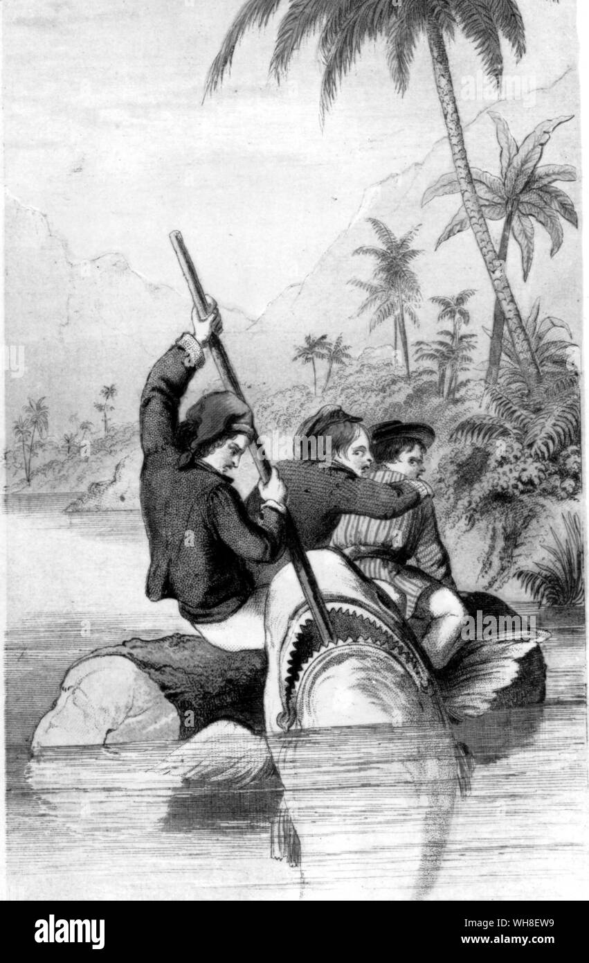 Terrible rencontre avec un requin. L'île de corail 1858 par RM Ballantyne (1825-1894), l'auteur écossais. Banque D'Images