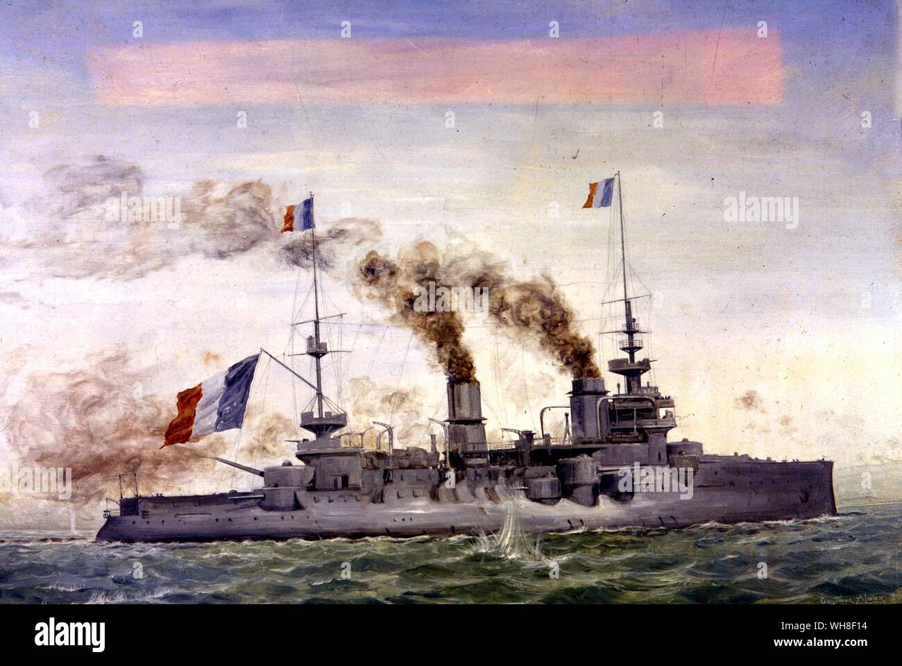 Navire de guerre français en 1900. Le cuirassé français Suffren. Un cuirassé pré-Dreadnought de la marine française nommé d'après l'amiral français Pierre André de Suffren de Saint Tropez, lancé en juillet 1899 et torpillé au large à Lisbonne, le 26 novembre 1916, descendant avec toutes les mains. Musée de la Marine Paris. Banque D'Images