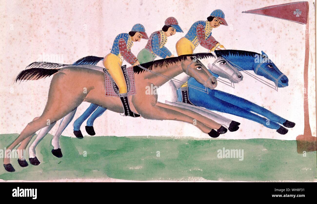 Course au Bengale en 1830. Cette aquarelle, c.1830, est le travail d'un peintre Kalighat du Bengale. La compétition était par maintenant répandu et populaire, et de Calcutta a été son siège. Pas de doute, l'artiste l'a vu, mais son design est dit de nous devoir autant à l'anglais s'imprime comme à l'observation est certainement un therre. forte apparence de John Nost Sartorius et même James Seymour dans les positions des chevaux stylisés. L'histoire des courses de chevaux par Roger Longrigg, page 267. Banque D'Images