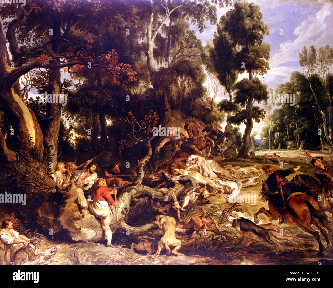 Chasse au sanglier (1618-1620) de Peter Paul Rubens (1577-1640). Peintre baroque flamand. Huile sur bois. Ici la maîtrise de Rubens paysage est le principal objectif, plutôt que de la chasse.Il y a le sens dramatique des chasseurs en se précipitant en diagonale dans les coins de la peinture.. . . . . . Banque D'Images