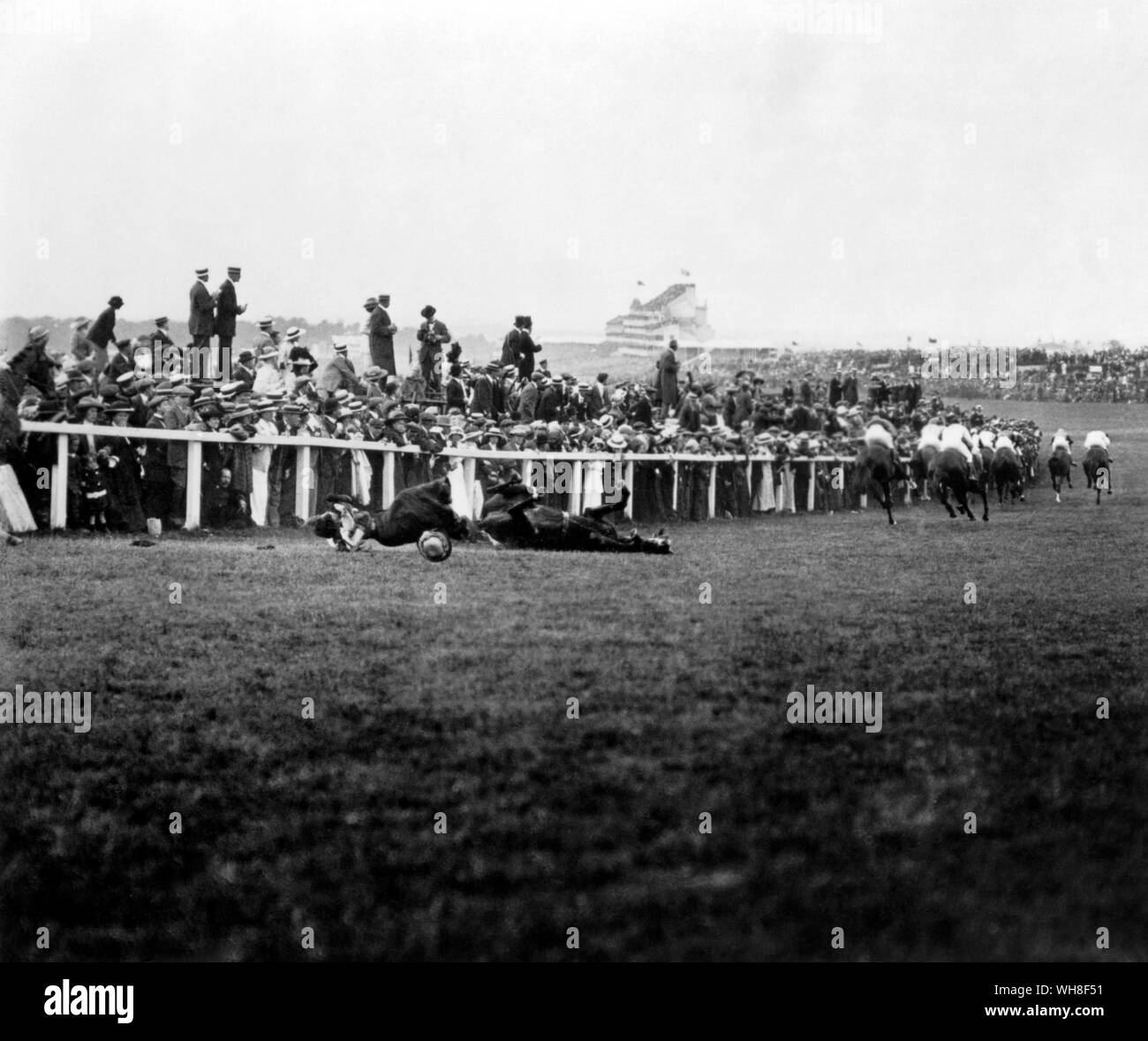 Le vote des femmes, suffragette protester contre 1913 Derby d'Epsom.. Comme les chevaux ont balayé round Tattenham Corner peu de préavis a été prise d'Emily Wilding Davison (1872-1913), suffragette en couleurs, qui s'élança sous les rails à l'embrayage à la tête du cheval du roi, le faisant tomber et elle-même à mourir.. 9 juin 1913 Banque D'Images