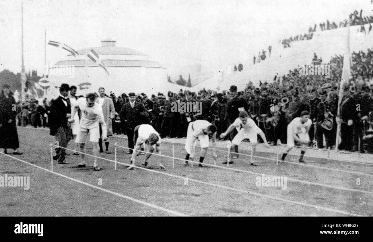 Début de 100 mètres, 1896, Athènes, Jeux Olympiques. Banque D'Images