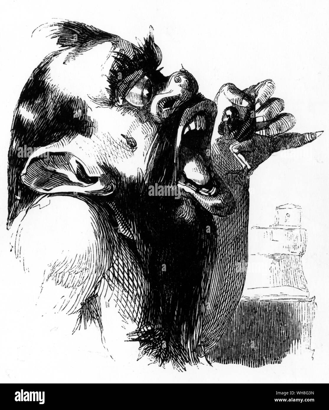 Le géant détermine pour savoir si Tom Thumb est comestible. Le Classic Fairy Tales par Iona et Peter Opie, page 40. Banque D'Images