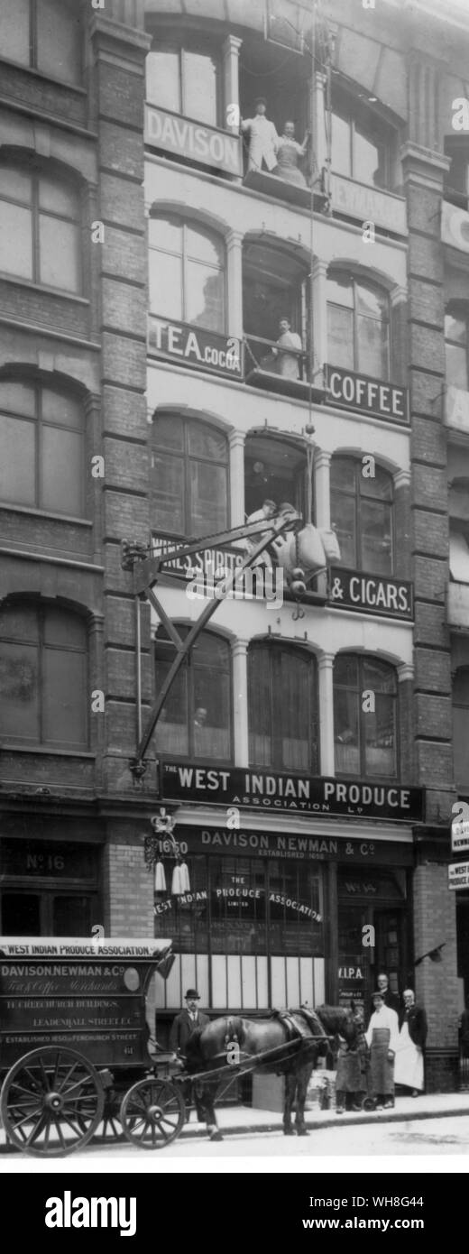 Davison Newman de Leadenhall Street, comme E D & F Man, spécialisée dans la production de sucre des Antilles, y compris les pains de sucre - comme suspendues au-dessus de la boutique témoigner. Banque D'Images