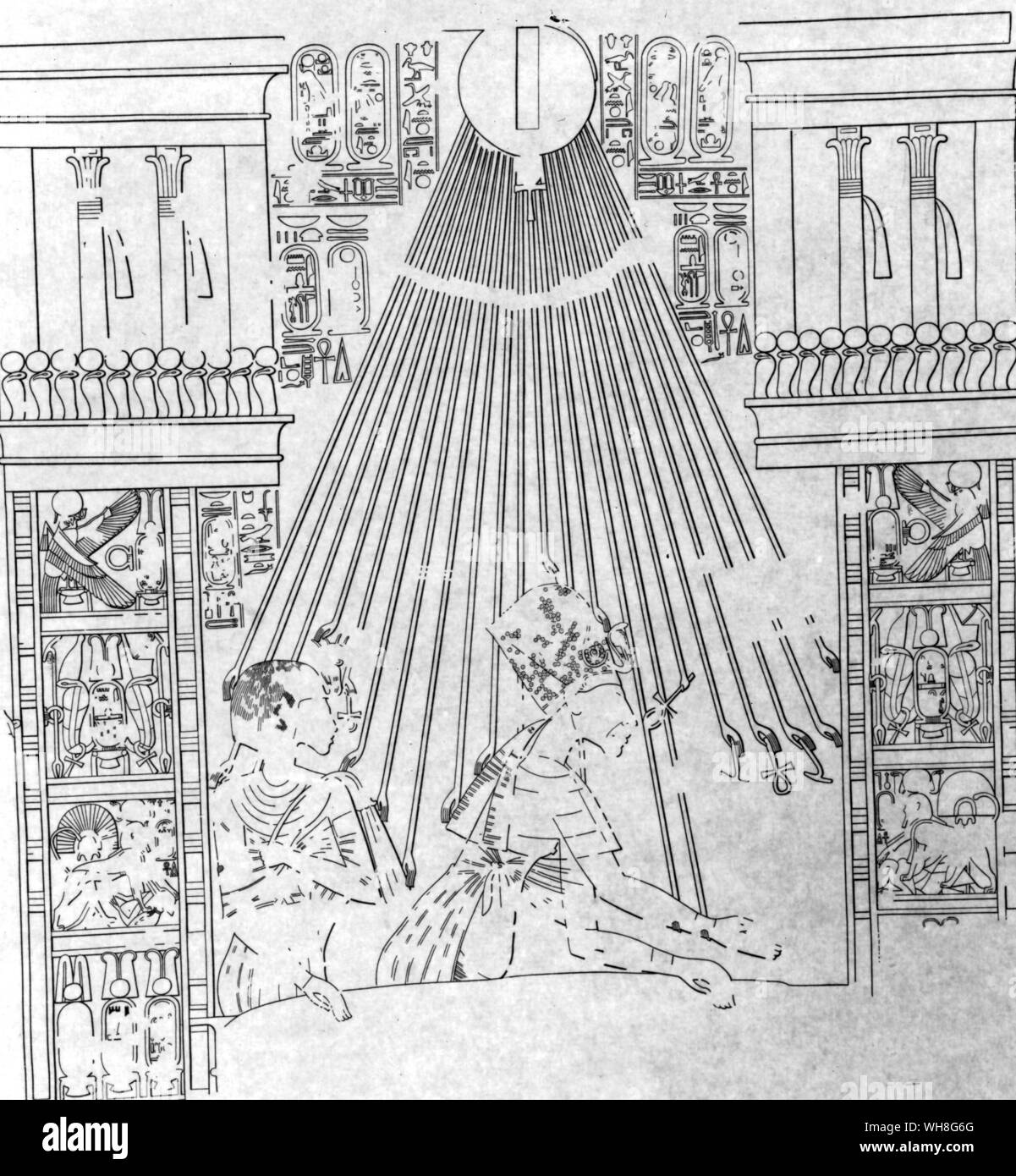 Aménophis IV et Néfertiti, les souverains d'Amarna, illustré dans le style de la nouvelle école. Par Christiane Desroches Noblecourt Toutankhamon, page 127. Banque D'Images