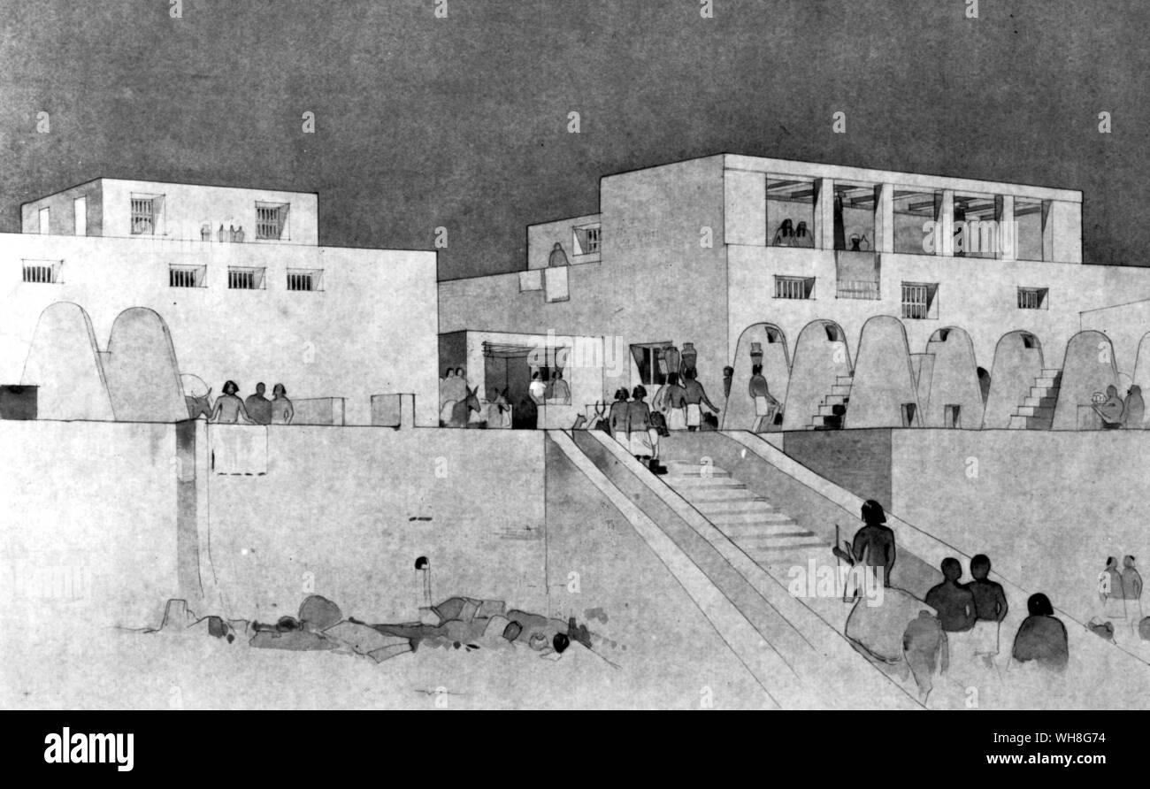 Reconstruction de la quartier commercial de Tell el Amarna. Par Christiane Desroches Noblecourt Toutankhamon, page 140.. Banque D'Images