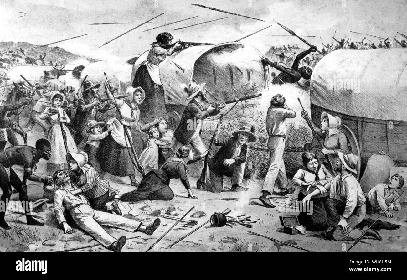 La bataille de Veg Kop, qui a eu lieu le 16 octobre 1836, a été la première collision frontale entre spearman Bantu et Boer mousquetaire. Les Matabele de combattre dans l'intention et l'ouvrir en toute confiance dans leurs propres règles de la guerre. Seulement quand Kalipi a perdu plus de quatre cents hommes a fait de son travail font leur retraite en bon ordre. En ce qui le concernait, il avait remporté une victoire remarquable, il prit pour le butin prodigieux de quelque 55 000 têtes de bétail, moutons et chèvres à ramener à Umzilikazi. De l'aventure africaine - une histoire de l'Afrique de l'Explorers par Timothy Severin, page 145. Banque D'Images