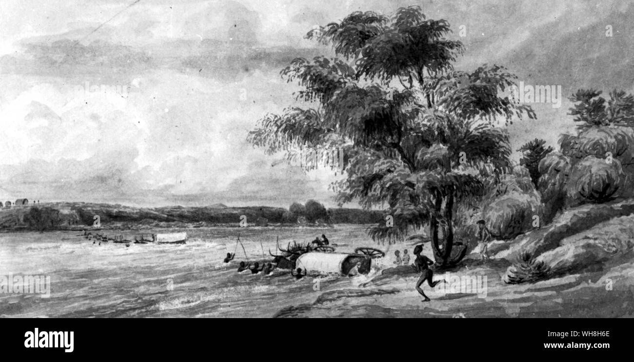 Le gué de la rivière Vaal. Peint par Charles Davidson Bell (1813-1882), artiste prolifique dans de nombreux médiums, également célèbre pour sa conception du timbre triangulaire du Cap. L'aventure africaine - une histoire de l'Afrique de l'Explorers par Timothy Severin, page 143. Banque D'Images