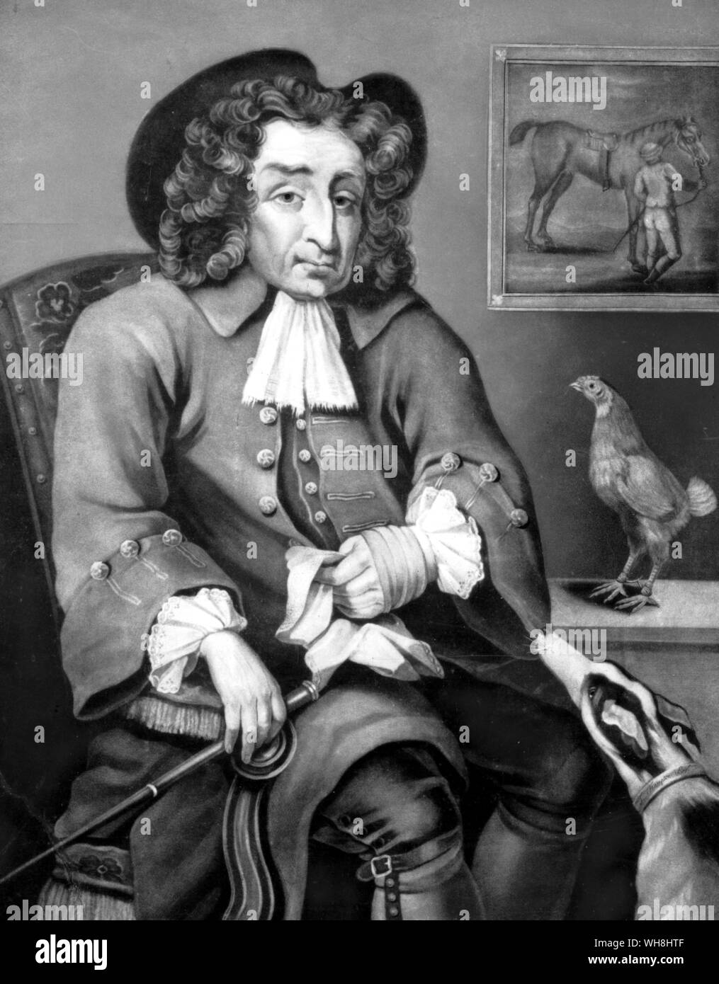 Tregonwell William Frampton (c.1641-1727) a été gardien de l'exécution des chevaux à Newmarket pour quatre souverains, et à partir du règne de la reine Anne 'Gouverneur' de Newmarket. Il a été propriétaire, match-maker, coper, profonde et plongeur sur son propre compte. Son premier bon cheval était la muscade, qui a battu le duc d'Albermarle's Black fesses sur 1687 et lui valent beaucoup d'argent. Le cheval dans l'image est allégué, dans la légende 1790 à cette impression, d'être Dragon. Le stand de Greyhound et gamecock pour ses autres passions absorbant. L'histoire des courses de chevaux par Roger Longrigg, page 51. Banque D'Images
