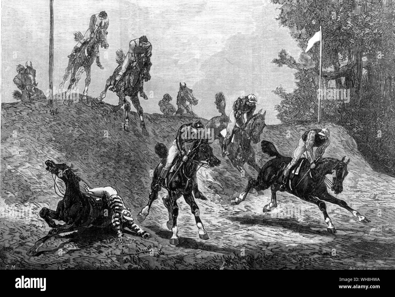 Une 'banque' Irlandais était à cette période l'un des obstacles dans le Grand Steeple-Chase. Son design a été contrairement à la double à Punchestown (voir p.174), et plus ressemblé à un obstacle dans un cours 'Événement' moderne que n'importe quoi d'être au galop. Il a été dit d'être l'une des raisons du succès de Henry Linde et ses chevaux irlandais à Auteuil. Il remporte le Grand Steeple-Chase en 1882 et 1883, les deux fois avec des enfants âgés de quatre ans, à propos de la date de cette gravure. L'histoire des courses de chevaux par Roger Longrigg, page 183. Banque D'Images
