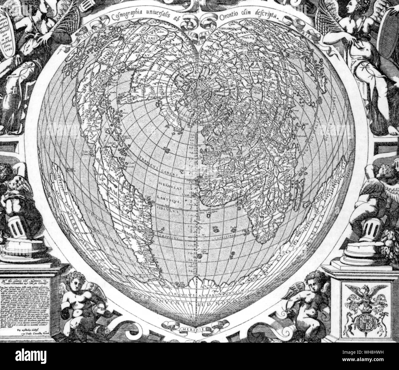 Carte du monde par Orontius Finaeus, 1566. Oronce Finé (en latin, ou Finnaeus Orontius Finaeus) (1494-1555), mathématicien et cartographe français. Né à Briançon, le fils et petit-fils de médecins, il a fait ses études à Paris (Collège de Navarre), et obtenu un diplôme de médecine en 1522. Il a inventé une projection de carte en forme de coeur, souvent utilisées par d'autres cartographes, tels que Peter Apian et Gerardus Mercator. Finaeus tenté de concilier découvertes dans le Nouveau Monde avec de vieilles légendes médiévales et de l'information (dérivé de Ptolémée) en ce qui concerne l'Orient. L'Antarctique : La dernière Banque D'Images