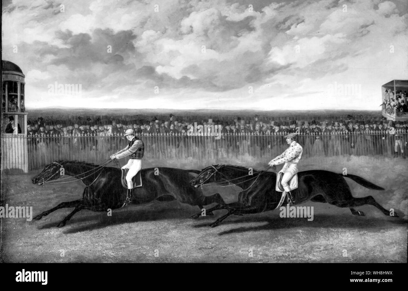 Flying Dutchman, remportant de voltigeur à York 1851. Darley Arabian Sire line : Le Roi Fergus Direction générale. Le hollandais volant a été un cheval doué de la plus haute classe. Cette re-match, plus de deux milles, tenue le 13 mai 1851, a été présentée comme le match du siècle. Les tribunes étaient remplies de milliers de spectateurs, et ils ont eu droit à un magnifique spectacle de course. Voltigeur, transportant huit livres et demie de moins que son rival et en vertu d'un nouveau partenaire, Nat Flatman, a fait toute la course jusqu'à une centaine de mètres de la maison lorsque le Hollandais volant, en vertu d'un sobre Charles Marlow, allaient aux côtés Banque D'Images