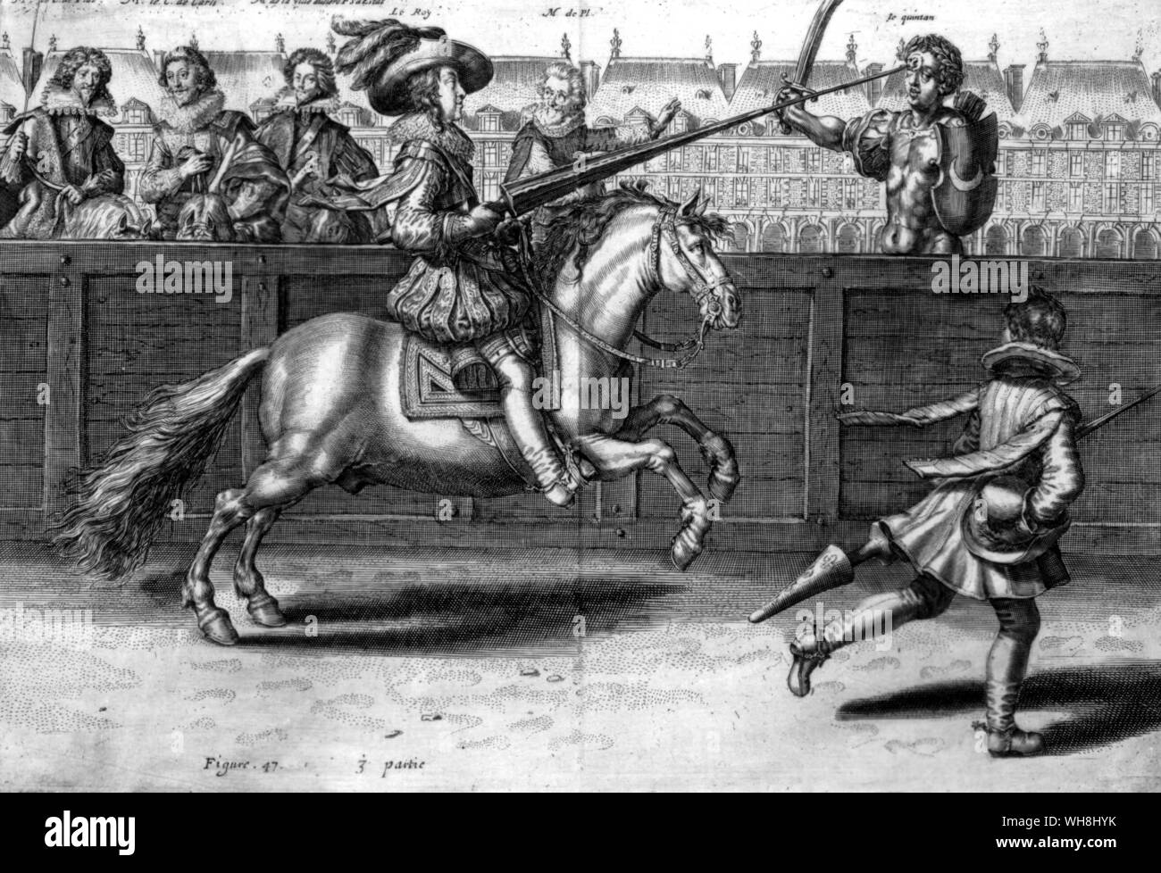 Horsemanship scientifique française. Au début du 17ème siècle Antoine de Pluvinel (1555-1620) a adopté et immensément amélioré le 16ème siècle les techniques de l'equitation. napolitaine Son manège classique du Roy a été publié en 1623, et republié en 1628 en tant que l'Instruction du Roy en l'exercice de monter à cheval. Il est ici (à droite) au milieu, demandant à Louis XII. L'élève royal est frappant la quintain, généralement une cible en bois simple mais ici un ennemi. Sauter un obstacle formé aucune partie du manège. l'élève (à gauche) est sans doute l'apprentissage de la capriole. L'histoire de cheval Banque D'Images
