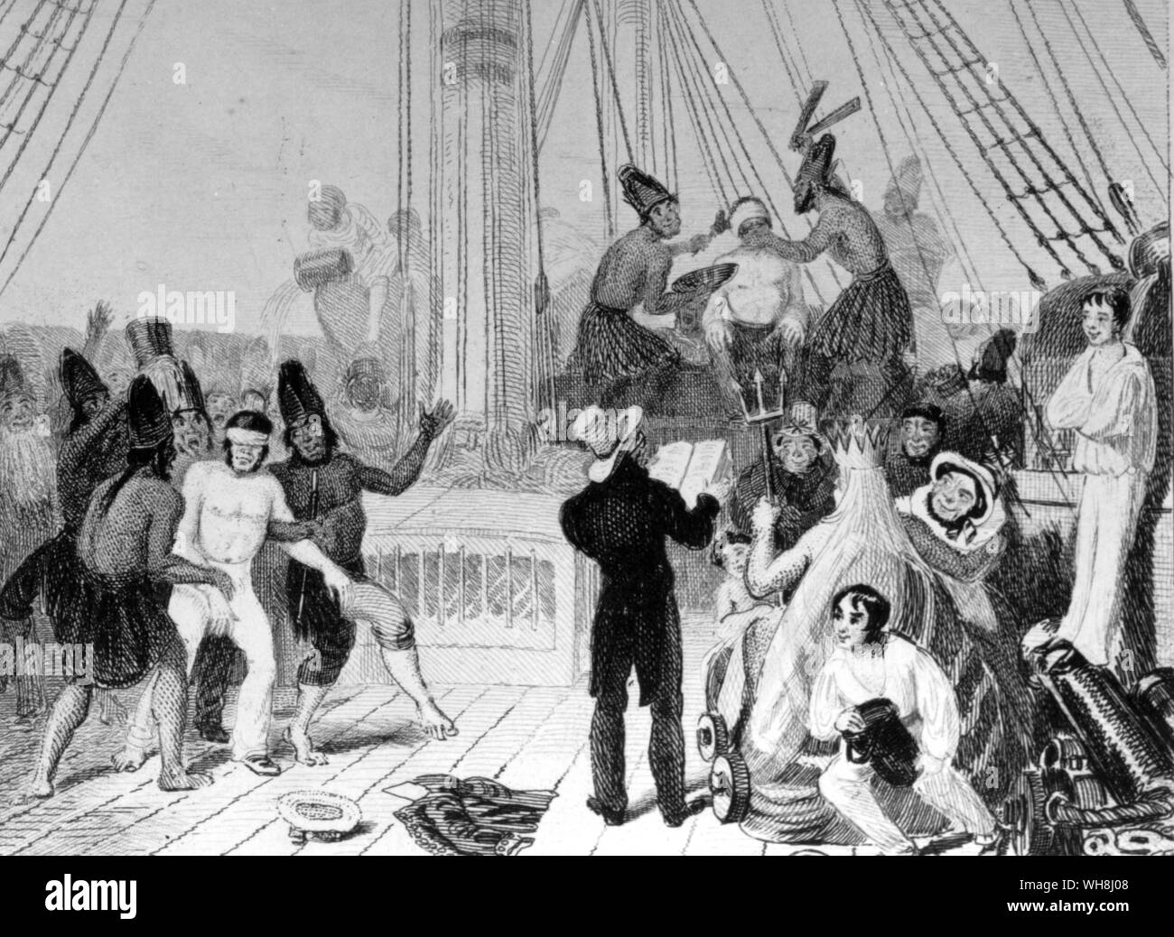 Traverse l'équateur à bord du Beagle. 'Cette plus désagréable opération consiste à avoir votre visage frotté avec de la peinture et de goudron, qui forme une mousse onctueuse pour une scie qui représente le rasoir, puis à moitié noyé dans une voile remplies d'eau de mer." Dessin d'Augustus Earle (1793-1838), voyageur et l'artiste original sur le voyage du HMS Beagle. Darwin et le Beagle par Alan Moorhead, page 46. Banque D'Images