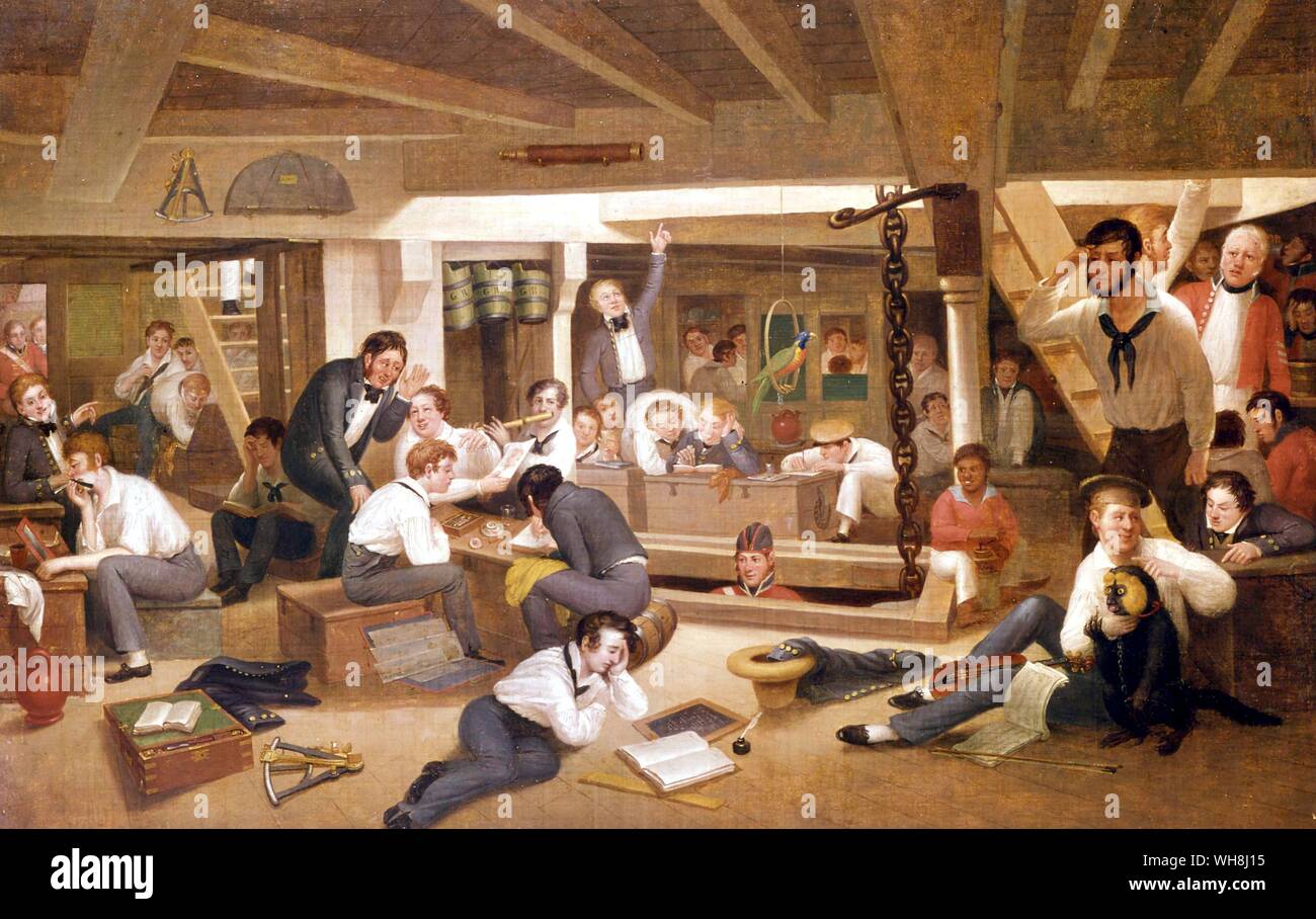 Un aspirant de quai dans une frégate britannique 1822, par Augustus Earle (1793-1838). Peintre anglais d'origine américaine, ses expériences de voyages formé son sujet. De Darwin et de l'atterrisseur Beagle par Alan Moorhead page 198-9.. Les aspirants étaient amarrés sur le pont orlop. Cette scène montre les diverses activités qui ont lieu dans le désordre mais l'impression de l'espace a été grandement exagérée. Portrait d'un groupe informel de jeunes officiers servant à bord d'un navire de la marine britannique, cette peinture a ses origines dans Earle's expérience de première main qu'un billet d'artiste. En novembre 1820, lors d'un voyage à Banque D'Images