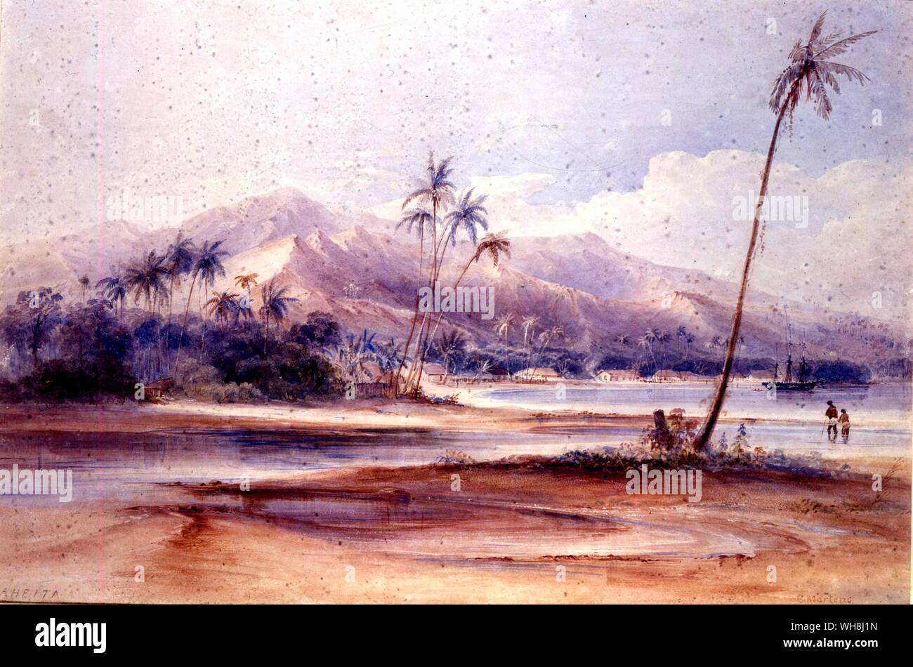 Le port de Papeete, Tahiti, par Conrad Martens (1801-1878). Peintre australien, né à Londres. La zone qui constitue aujourd'hui Papeete a d'abord été colonisée par les Britanniques William Crook missionnaire en 1818. De Darwin et de l'atterrisseur Beagle par Alan Moorhead, page 230.. . Banque D'Images