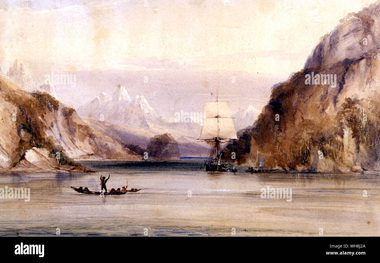 Frontispice - Le Beagle au port de Sydney, 1841. Aquarelle réalisée par Owen Stanley (1811-1850). Le navire qui, de Charles Darwin (1809-1882) est entré comme naturaliste pour l'exploration de la côte de l'Amérique du Sud en 1831-1836. En mai 1840, le Beagle de Sydney à gauche croisière sur la côte nord. Après une agréable visite à Hobart, Tasmanie, le Beagle a navigué jusqu'à King George's Sound dans le sud-ouest de l'Australie. De Darwin et de l'atterrisseur Beagle par Alan Moorhead. . . . Banque D'Images