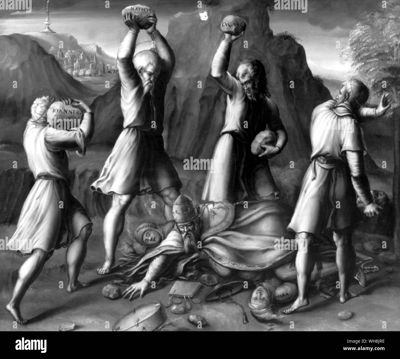 La lapidation de la Pape par quatre évangélistes. L'avarice et l'hypocrisie se trouvent à côté du Pape Banque D'Images