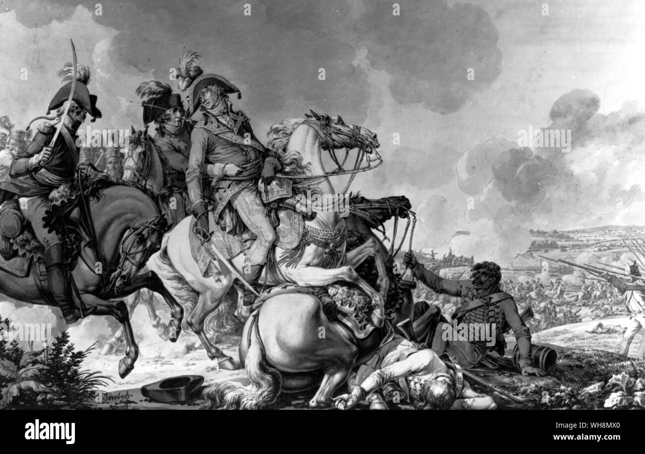 La mort du général Desaix à la bataille de Marengo, le 14 juin 1800, tout en menant la contre-attaque que Bonaparte sauvé de la défaite. Peinture lavage par Jacques François Fontaine appelée Swebach. Droits d'auteur réservés. Banque D'Images