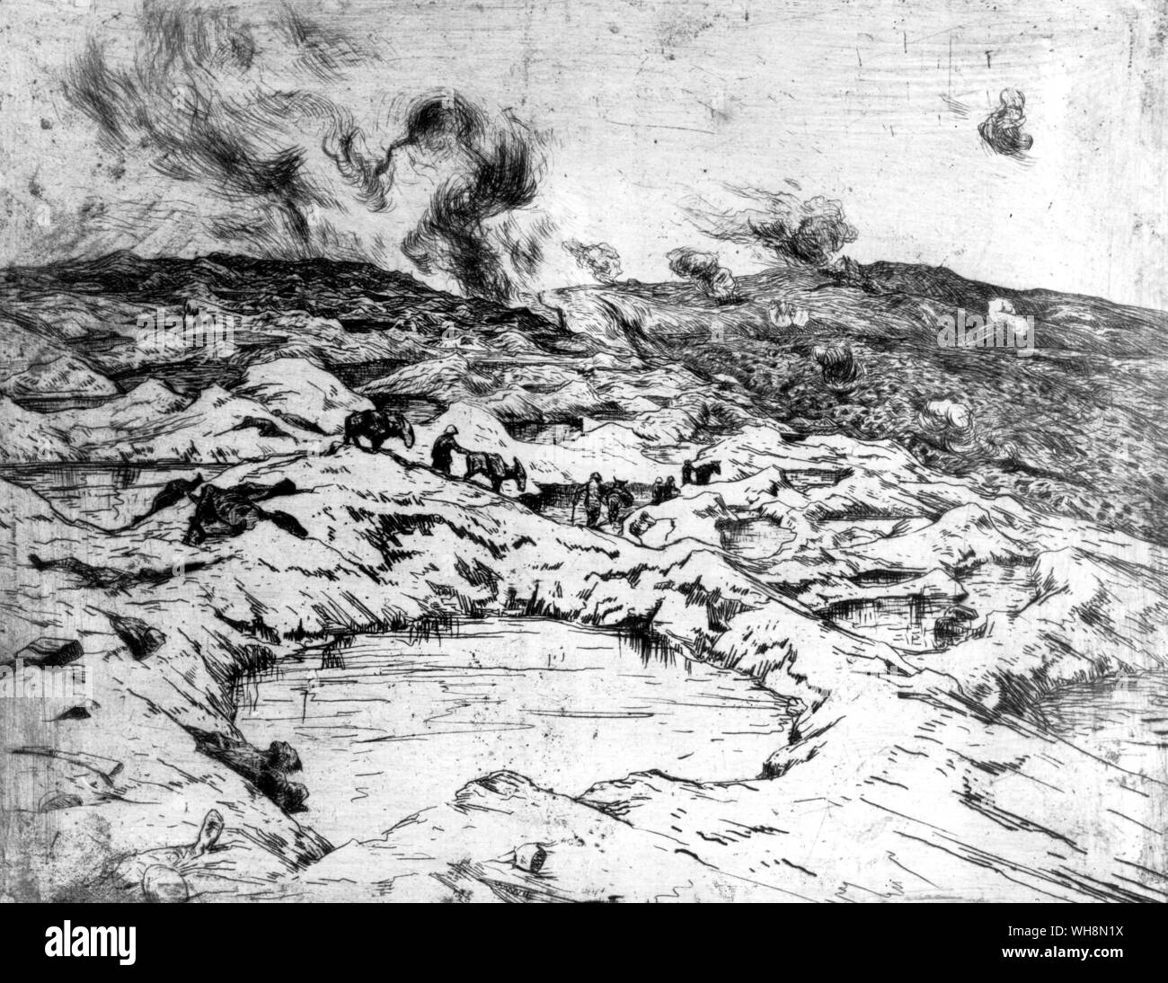 Le champ de bataille près de Douaumont. Fort Douaumont , gardée par seulement 56 personnes âgées a diminué les réservistes aux Allemands en février 1916. Dessin de Henri Masset Banque D'Images