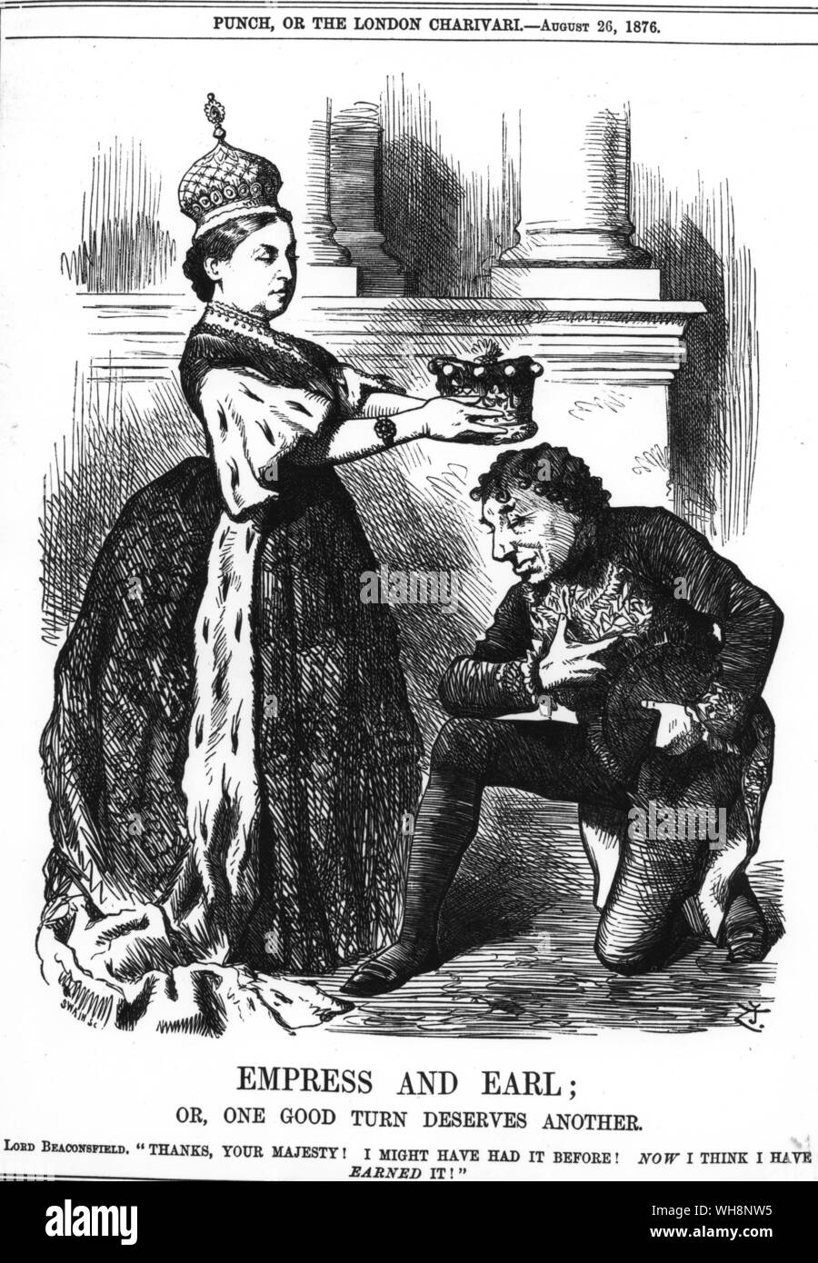 La reine Victoria a créé Comte de Disraeli Beaconfield en août 1876 en retour de son génie avec succès par le Parlement du projet de loi rendant les titres Royal Reine impératrice des Indes '. L'impératrice et Earl. Ou, un prêté pour un rendu" de Punch 26 Août 1876 Page 83 Banque D'Images